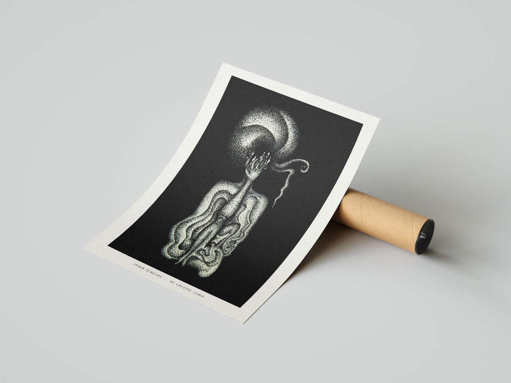 Inner Screams - Limited Print from Original White on Black Line Art & Dotwork Drawing - Crystel Samia Universe - Art Print - 
