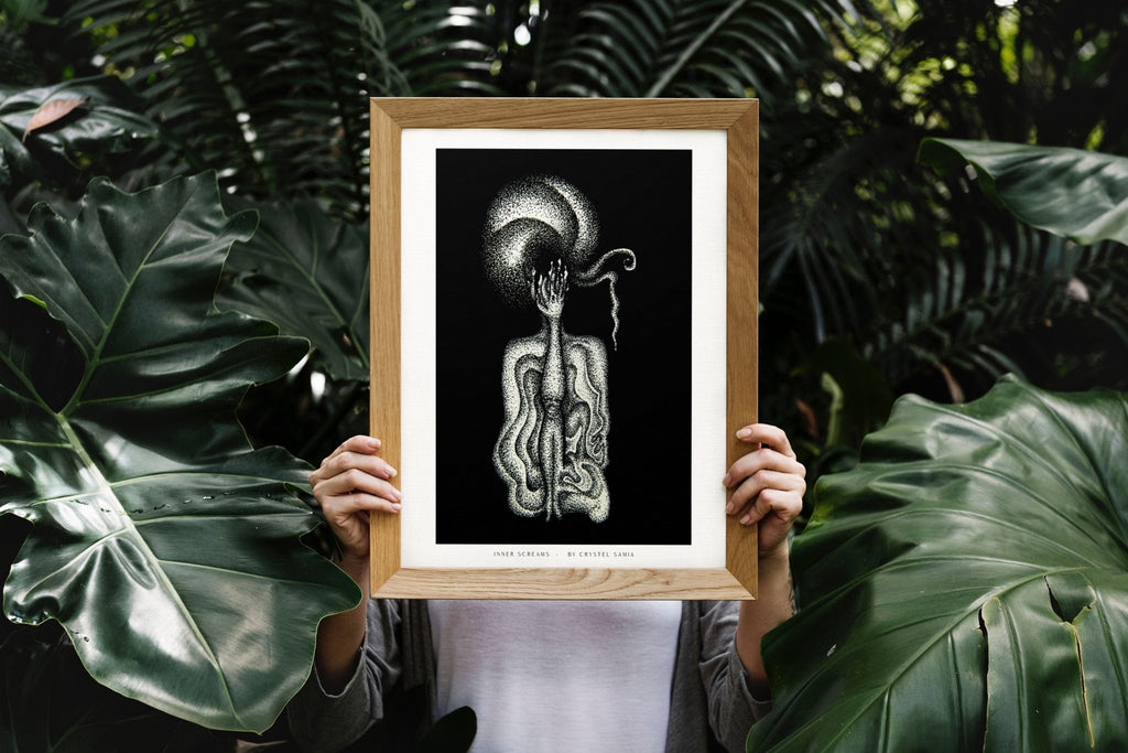 Inner Screams - Limited Print from Original White on Black Line Art & Dotwork Drawing - Crystel Samia Universe - Art Print - 