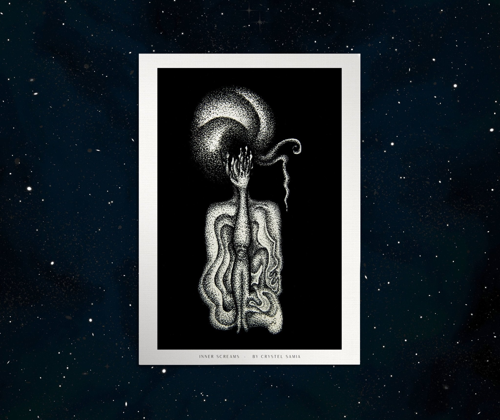 Inner Screams - Limited Print from Original White on Black Line Art & Dotwork Drawing - Crystel Samia Universe - Art Print - 