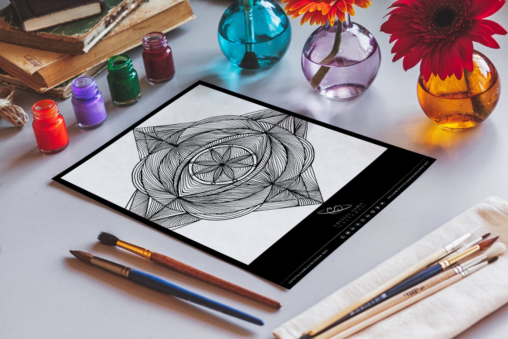 Mandala artwork for Coloring, Hand - drawn by Crsytel Samia | Instant download | Printable | Line art - Crystel Samia Universe - Coloring Digital Download - 
