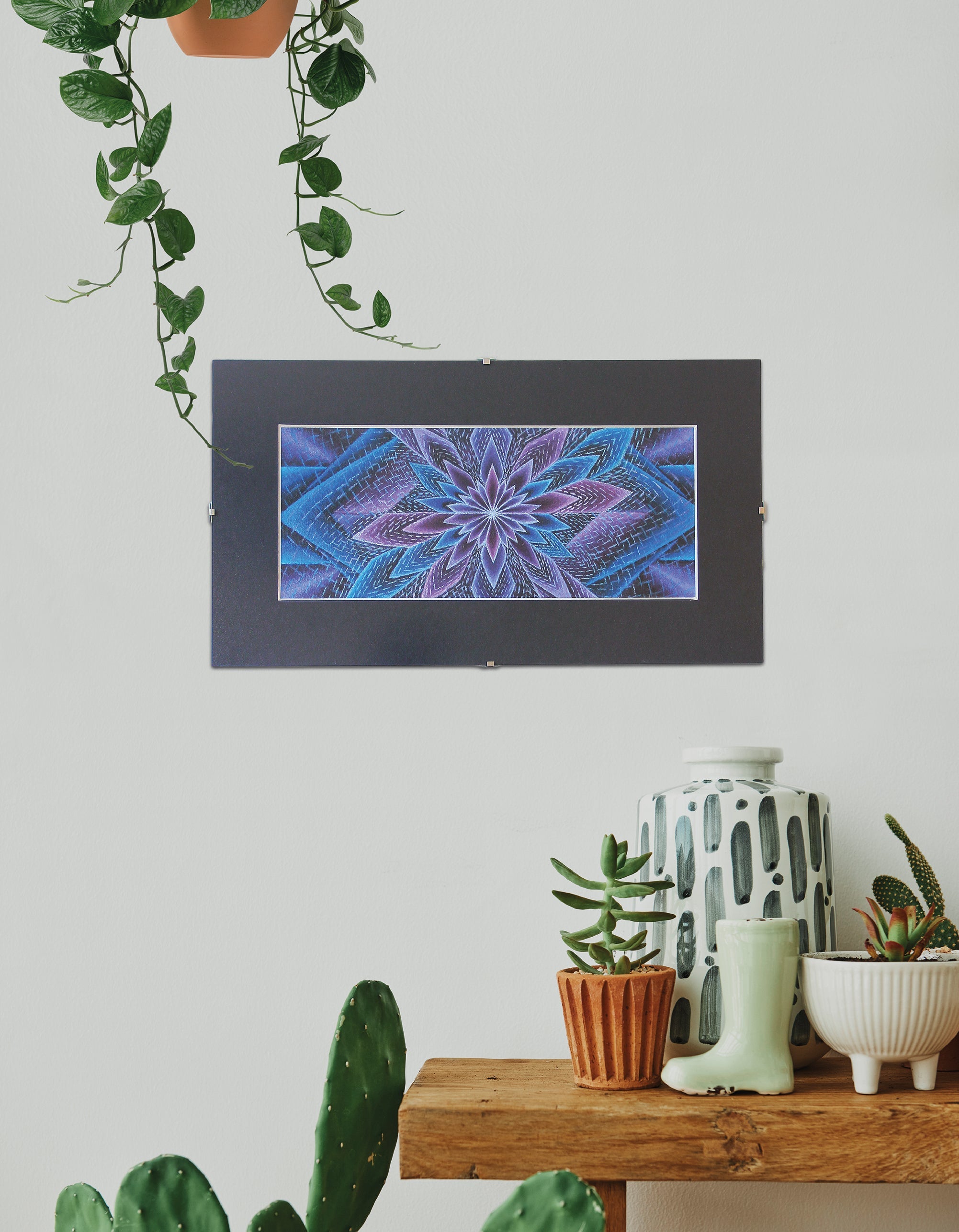 "Blue Blotus" Original Artwork line Art patterns colorful Signed by Artist organic home decoration wall hangings framed flower star blue and purple 1/1 visionary original art for sale