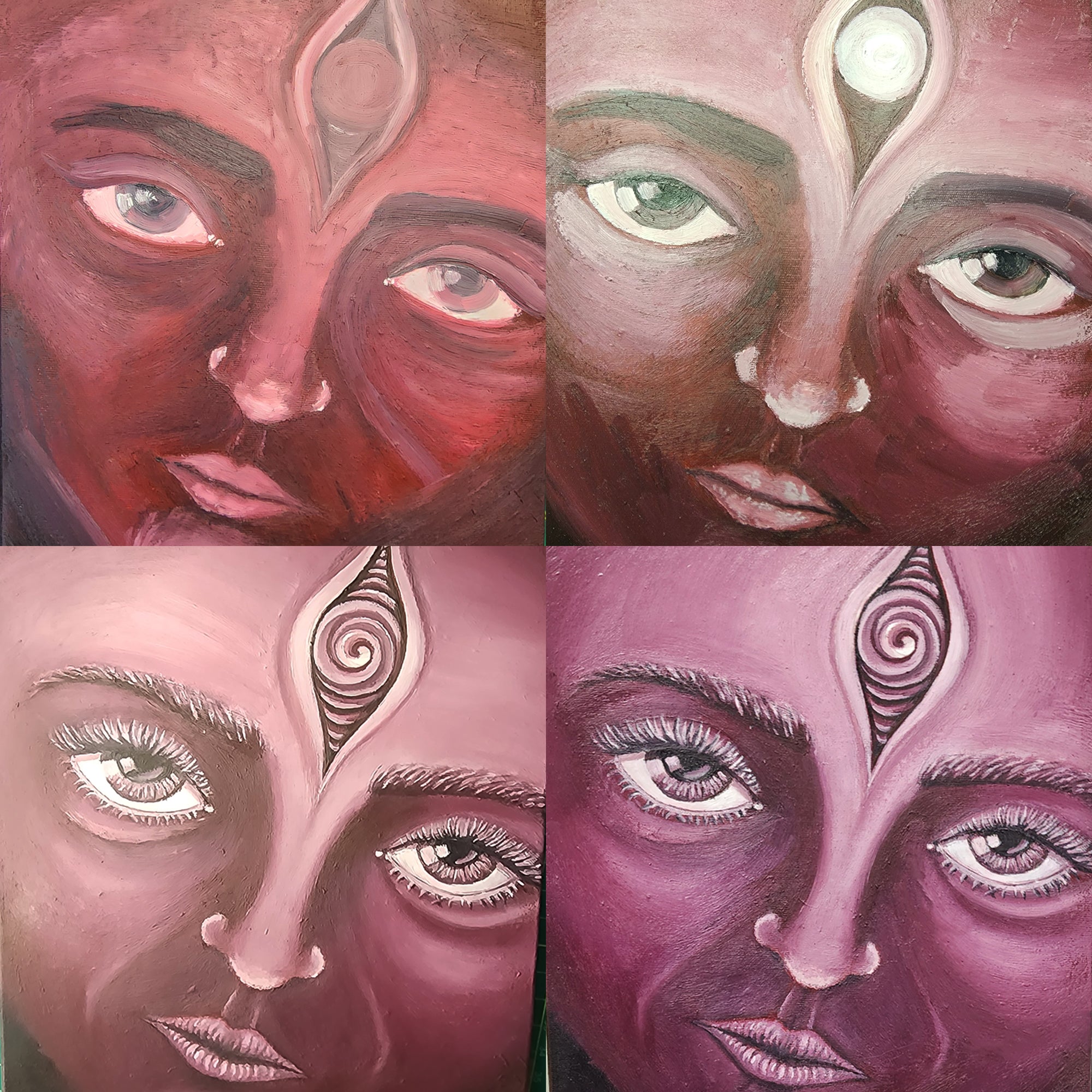 painting process: The_Grace_of_Reflection Oil_on_Canvas Original_By Crystel Samia, third eye painting 1/1 face with glowing eyes magenta red pink white spiral