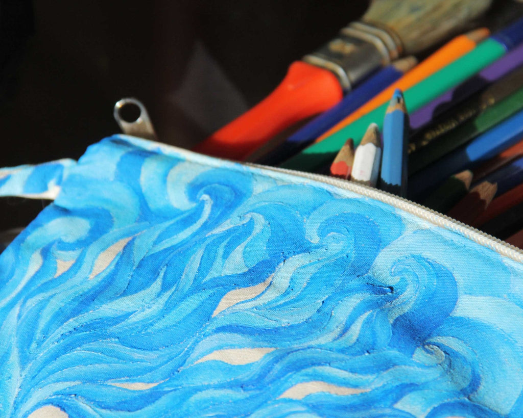 Sea Braids - Hand Painted Zipper Pouch - linen bag, purse - Crystel Samia Universe - Linen Pouch - 
