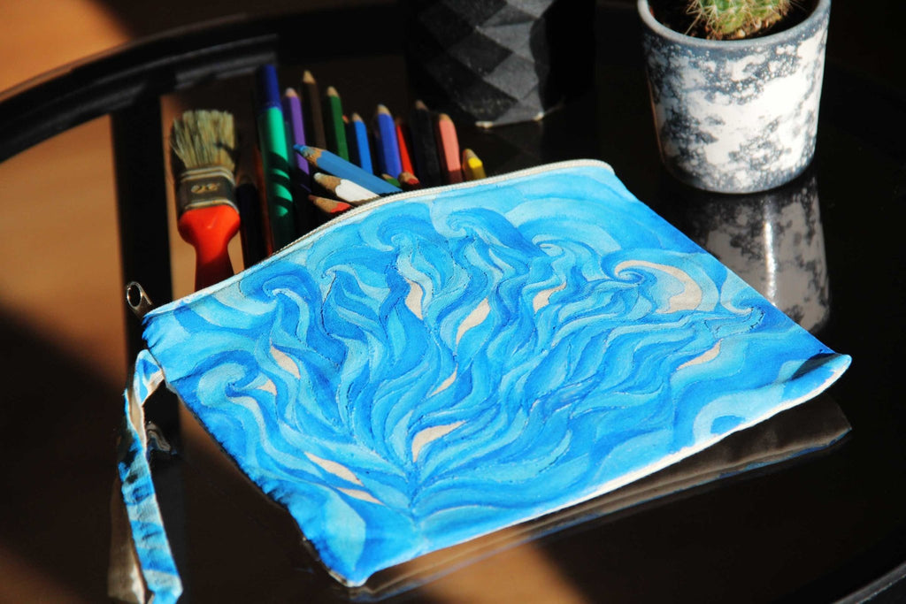 Sea Braids - Hand Painted Zipper Pouch - linen bag, purse - Crystel Samia Universe - Linen Pouch - 
