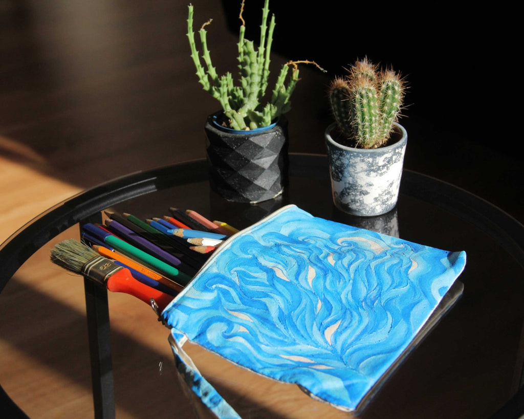 Sea Braids - Hand Painted Zipper Pouch - linen bag, purse - Crystel Samia Universe - Linen Pouch - 