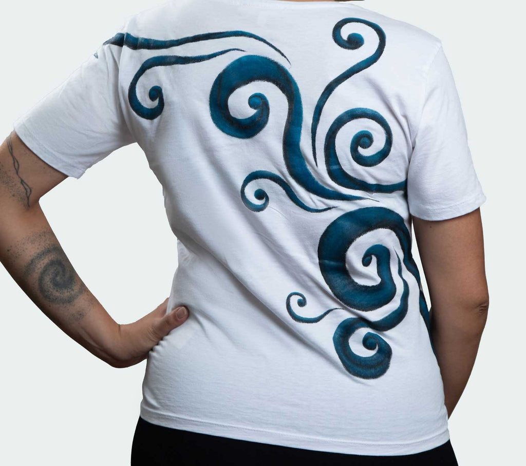 White T-Shirt – Blue & Black Spirals (One of a Kind) - Crystel Samia Universe - Apparel - 