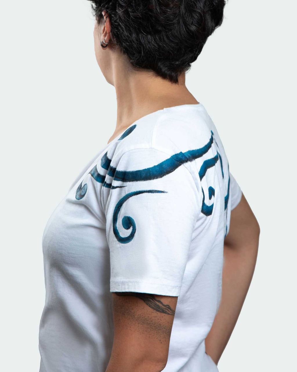 White T-Shirt – Blue & Black Spirals (One of a Kind) - Crystel Samia Universe - Apparel - 