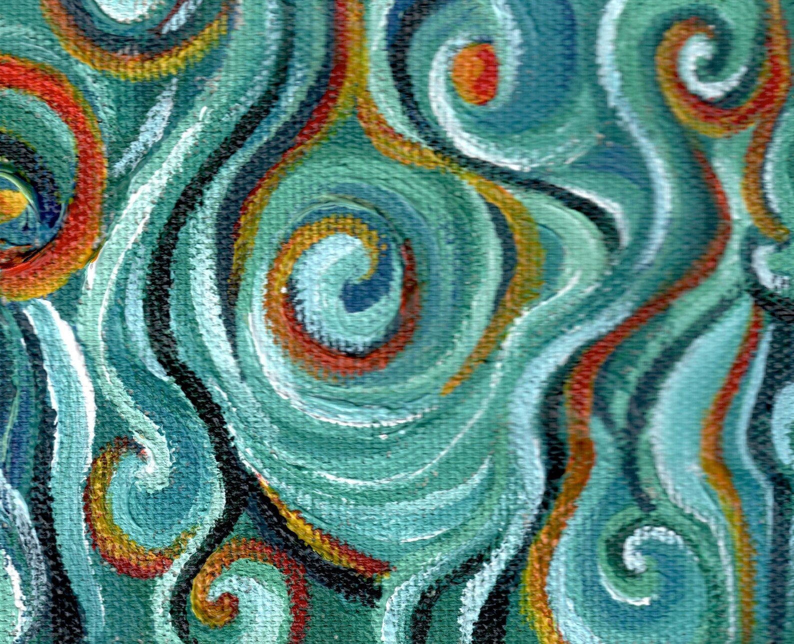 "Dancing Flames" Art Print two Artwork line Art patterns colorful Signed by Artist organic visionary home decoration wall hangings blue green red orange acrylic collaboration