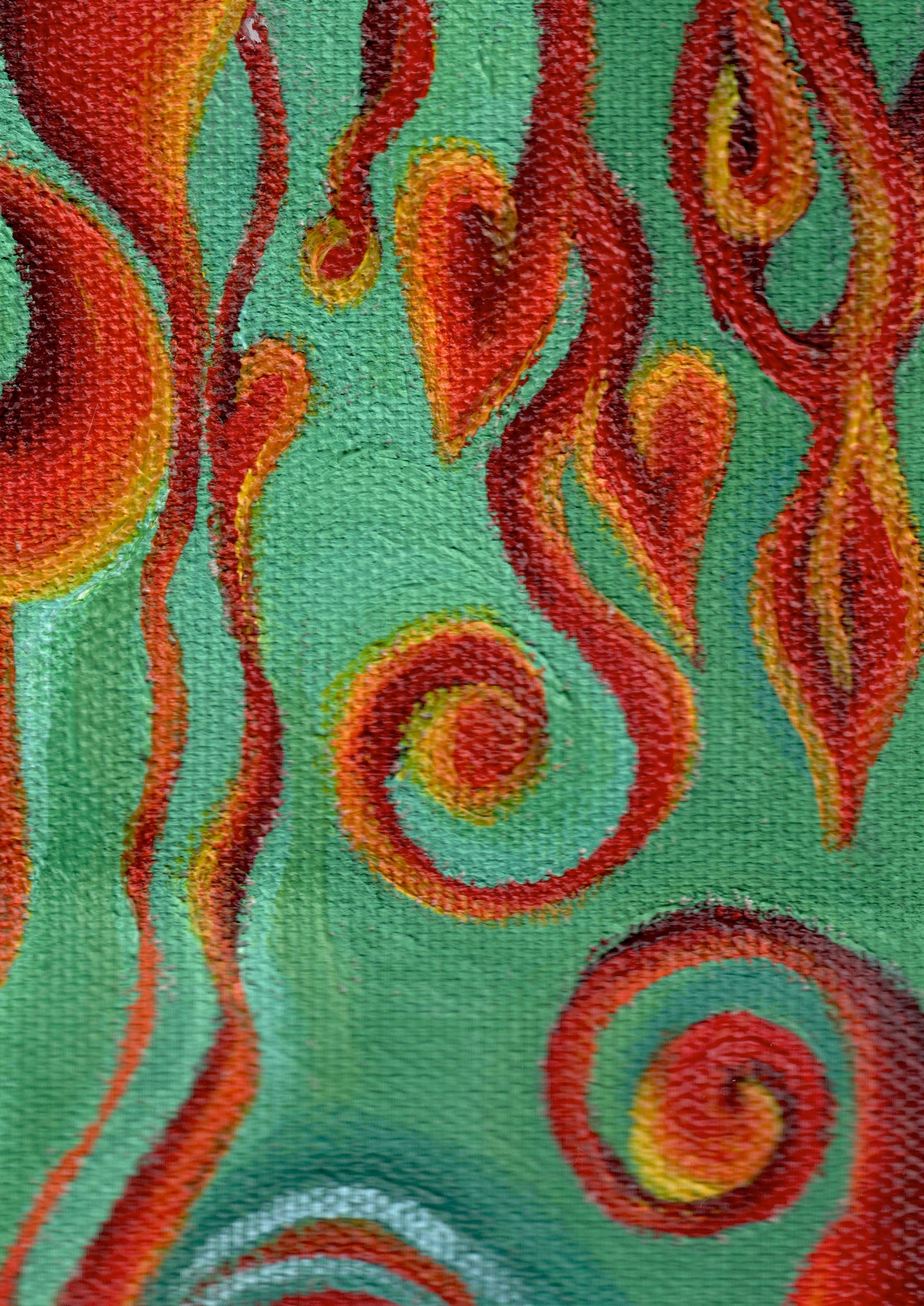 "Dancing Flames" Art Print two Artwork line Art patterns colorful Signed by Artist organic visionary home decoration wall hangings blue green red orange acrylic collaboration close up