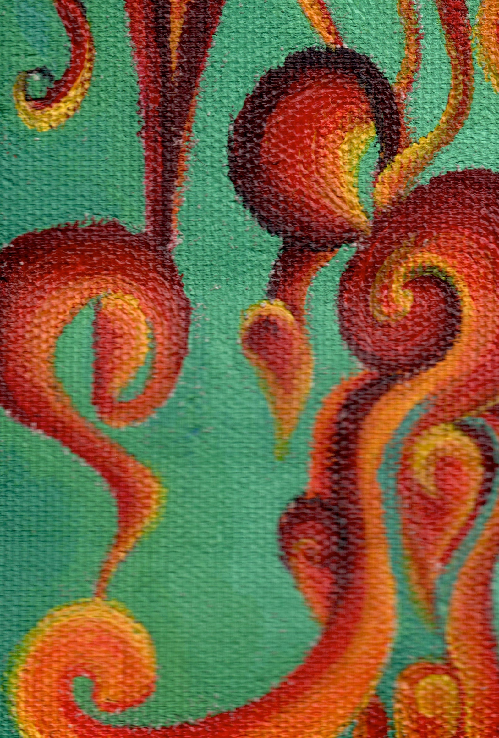 "Dancing Flames" Art Print two Artwork line Art patterns colorful Signed by Artist organic visionary home decoration wall hangings blue green red orange acrylic collaboration close up