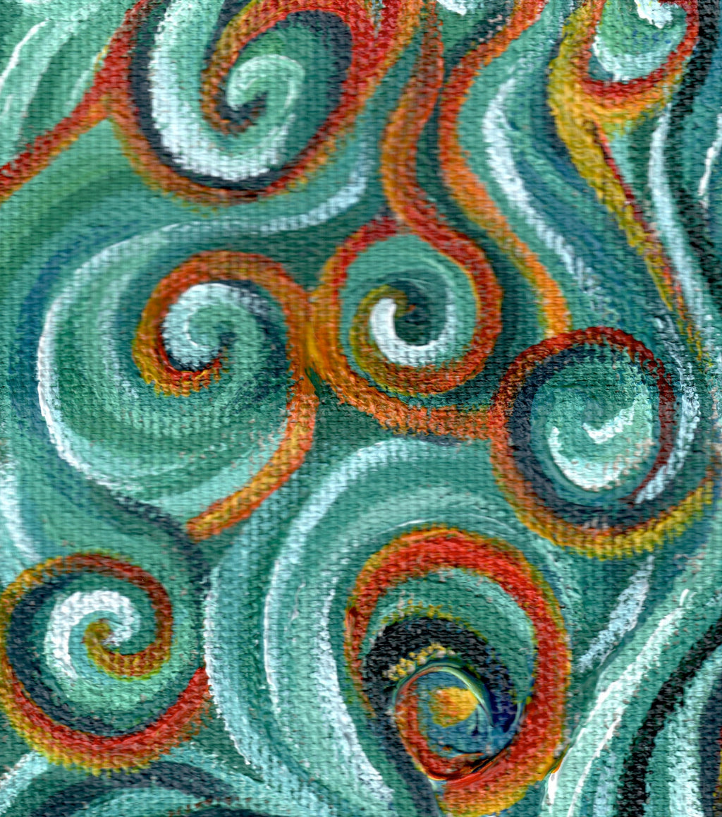 "Dancing Flames" Art Print two Artwork line Art patterns colorful Signed by Artist organic visionary home decoration wall hangings blue green red orange acrylic collaboration