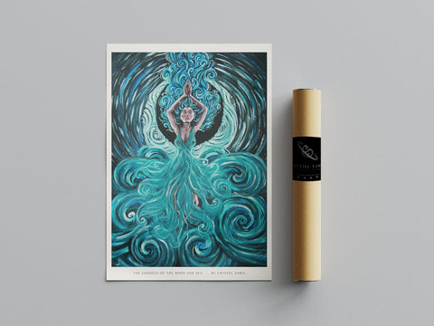 The Goddess of the Moon and Sea - Limited Art Prints from Original Acrylic on Canvas Painting - Crystel Samia Universe