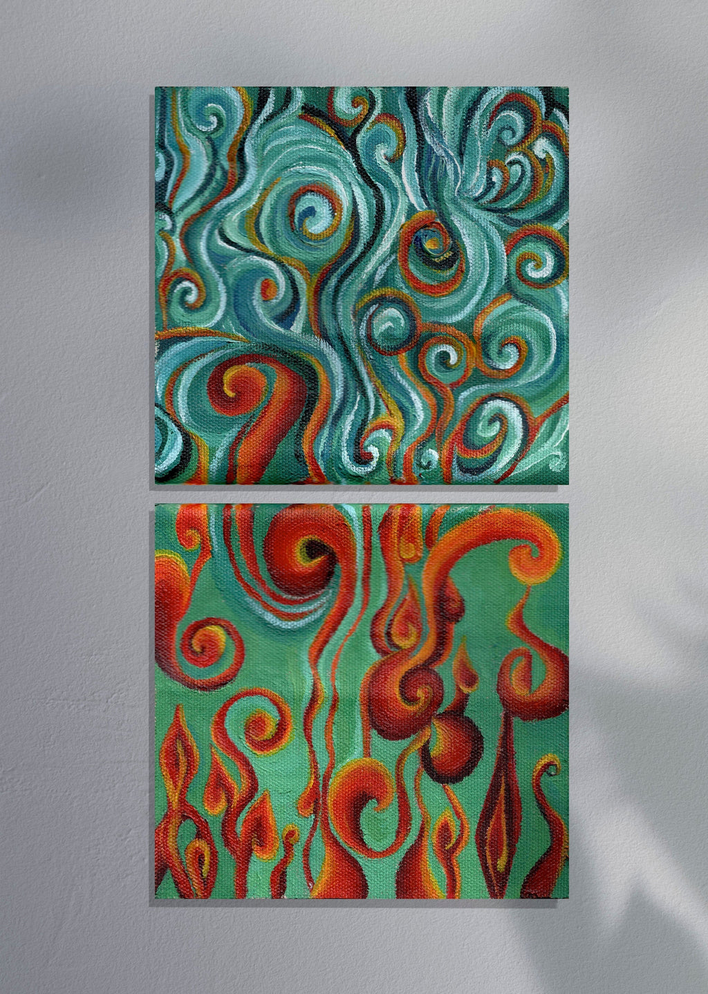 "Dancing Flames" Art Print two Artwork line Art patterns colorful Signed by Artist organic visionary home decoration wall hangings blue green red orange acrylic collaboration