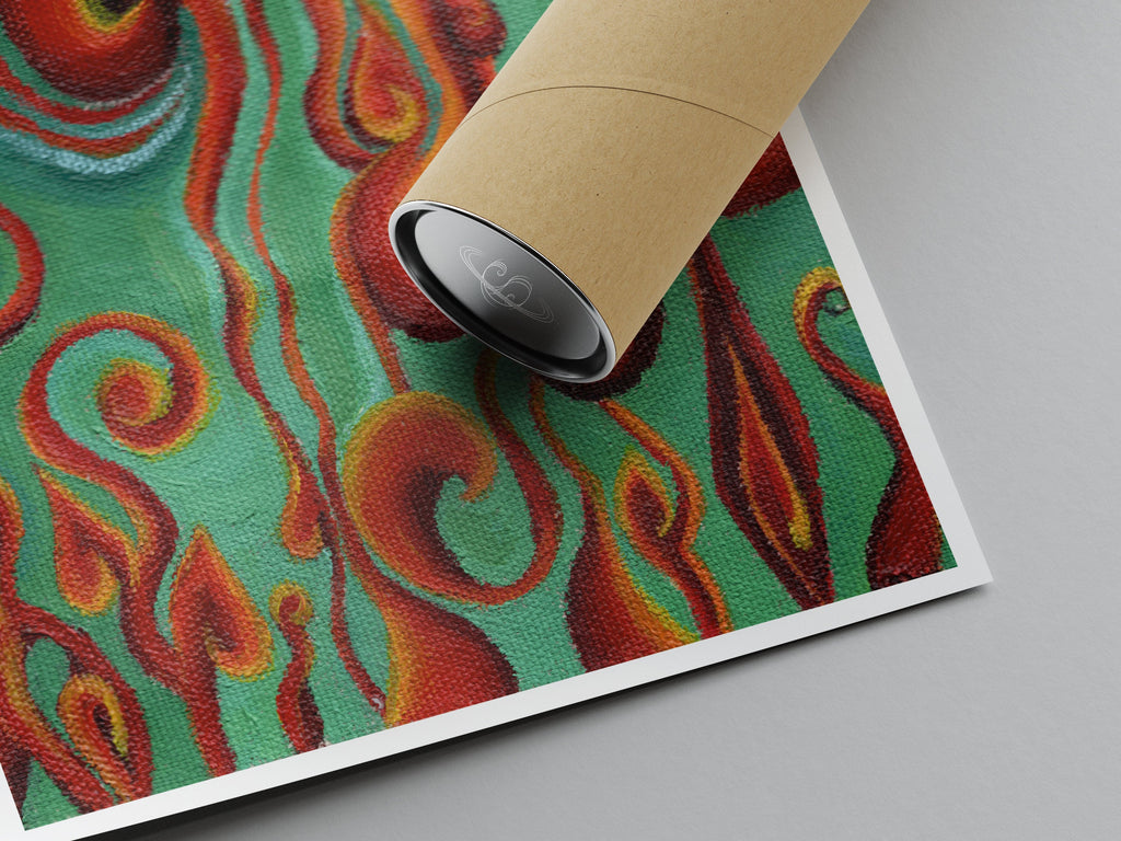 "Dancing Flames" Art Print two Artwork line Art patterns colorful Signed by Artist organic visionary home decoration wall hangings blue green red orange acrylic collaboration