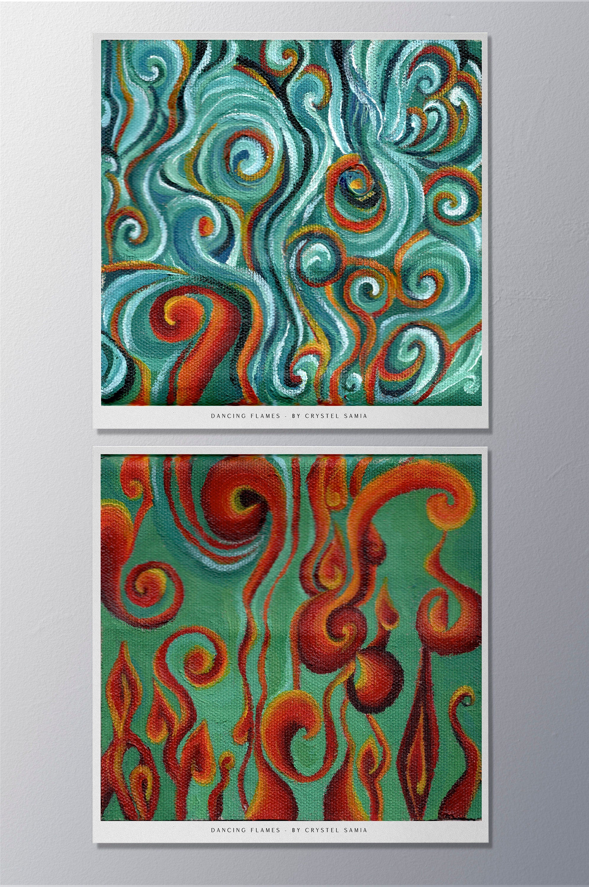 "Dancing Flames" Art Print two Artwork line Art patterns colorful Signed by Artist organic visionary home decoration wall hangings blue green red orange acrylic collaboration