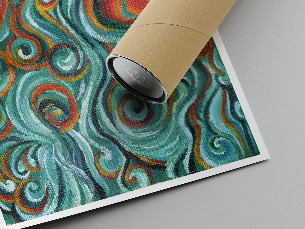 "Dancing Flames" Art Print two Artwork line Art patterns colorful Signed by Artist organic visionary home decoration wall hangings blue green red orange acrylic collaboration