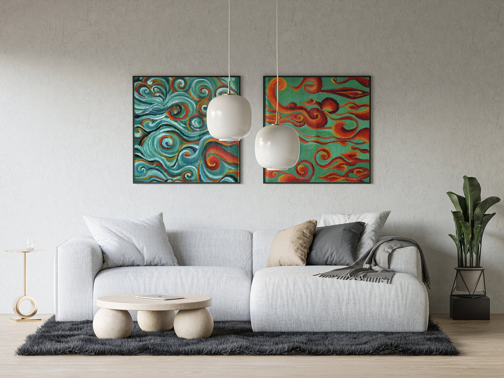 "Dancing Flames" Art Print two Artwork line Art patterns colorful Signed by Artist organic visionary home decoration wall hangings blue green red orange acrylic collaboration